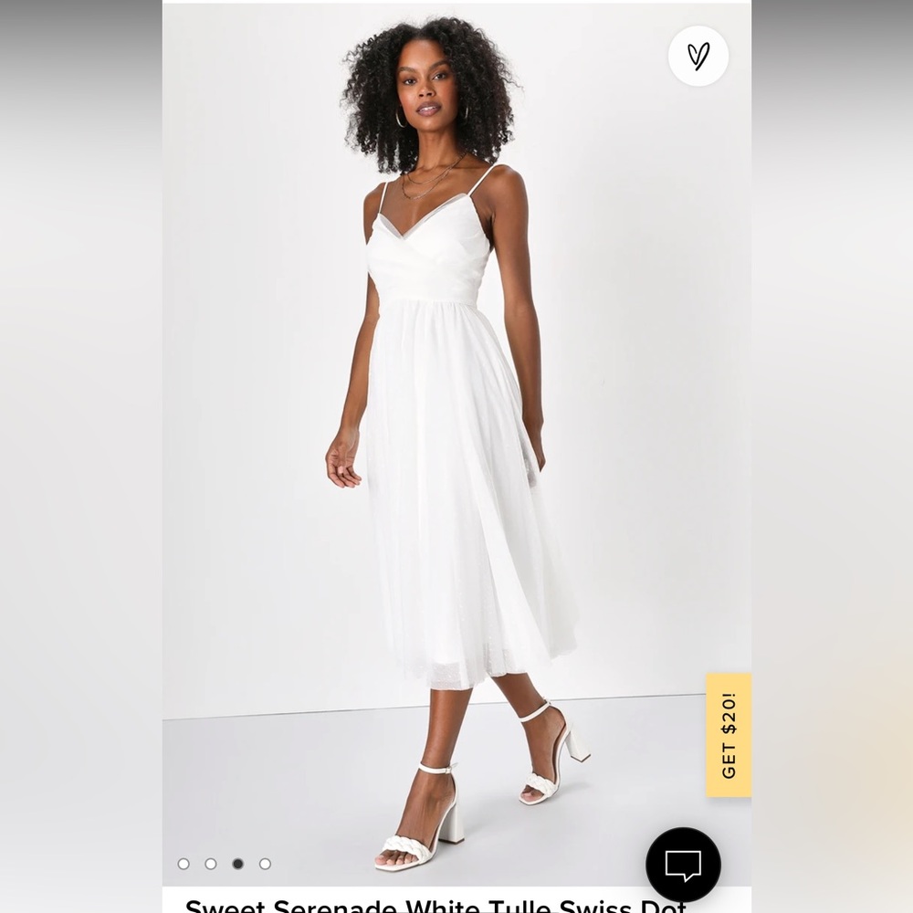 Lulu’s Sweet Serenade White Tulle Swiss Dot Surplice Midi Dress, Size Small